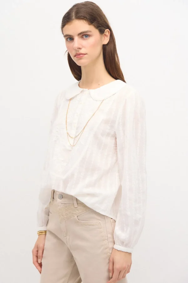 Outlet Coral. Camisa pechera bordada. Mujer Blusas Y Camisas