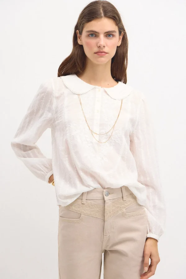 Outlet Coral. Camisa pechera bordada. Mujer Blusas Y Camisas